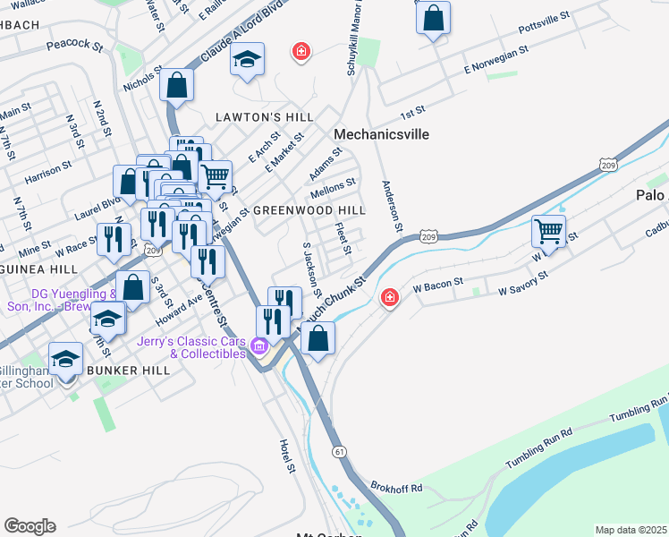 map of restaurants, bars, coffee shops, grocery stores, and more near 516 Jefferson Street in Pottsville