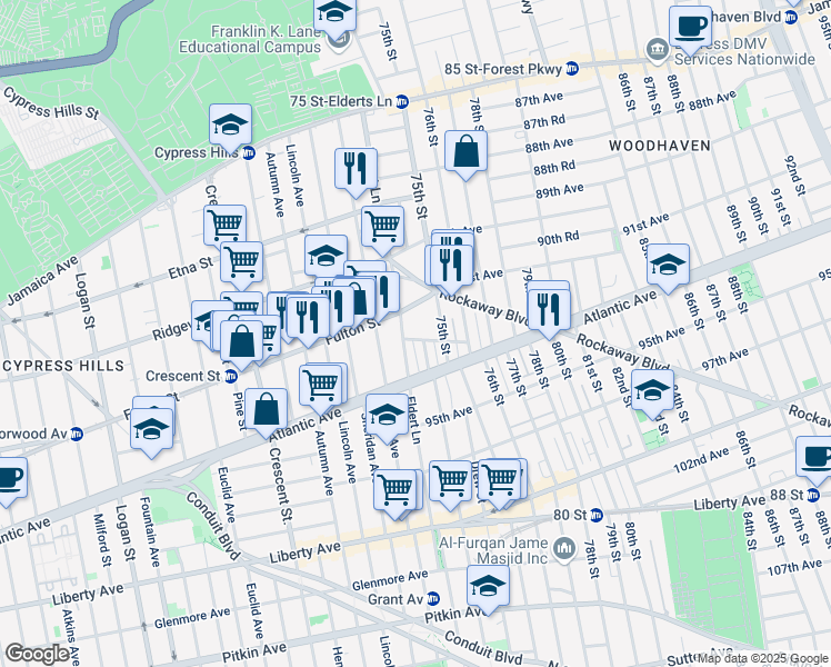 map of restaurants, bars, coffee shops, grocery stores, and more near 74-13 93rd Avenue in Queens