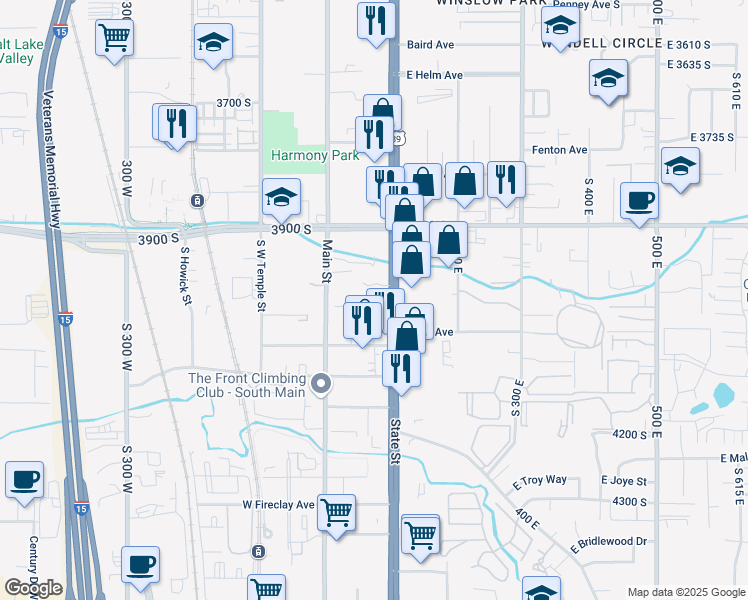 map of restaurants, bars, coffee shops, grocery stores, and more near 4012 State Street in Murray