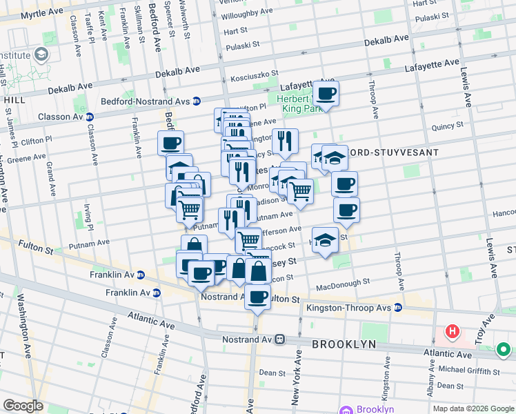 map of restaurants, bars, coffee shops, grocery stores, and more near 224 Madison Street in Brooklyn