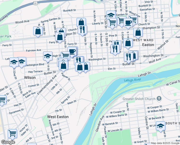 map of restaurants, bars, coffee shops, grocery stores, and more near 1455 Jefferson St in Easton