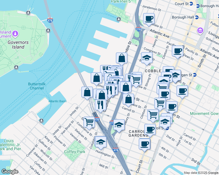 map of restaurants, bars, coffee shops, grocery stores, and more near 86 Union Street in Brooklyn