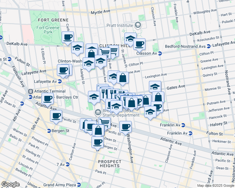 map of restaurants, bars, coffee shops, grocery stores, and more near 71 Gates Avenue in Brooklyn