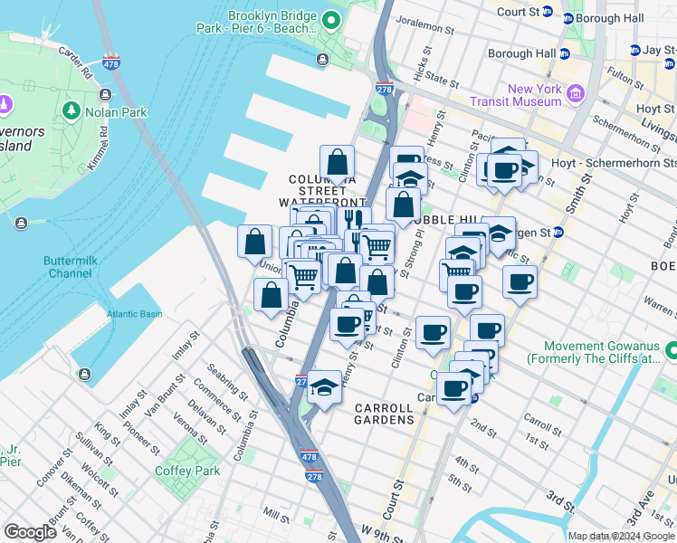 map of restaurants, bars, coffee shops, grocery stores, and more near Hicks Street & Sackett Street in Brooklyn