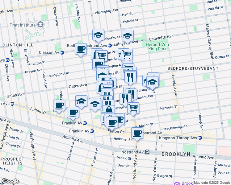map of restaurants, bars, coffee shops, grocery stores, and more near 163 Madison Street in Brooklyn