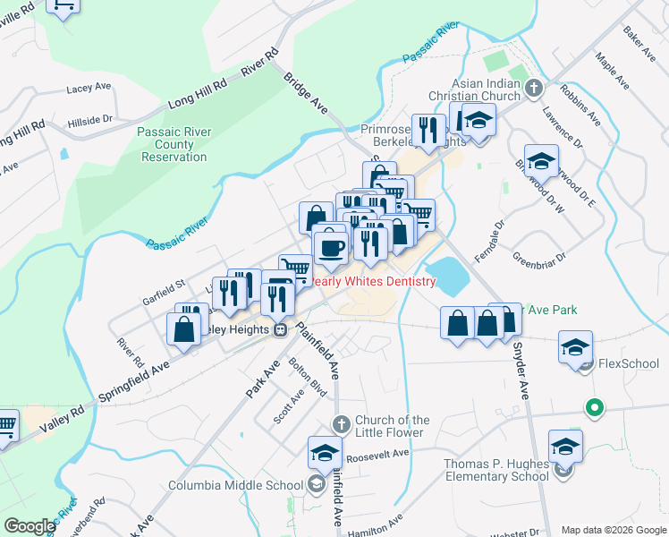 map of restaurants, bars, coffee shops, grocery stores, and more near 465 Springfield Avenue in Berkeley Heights