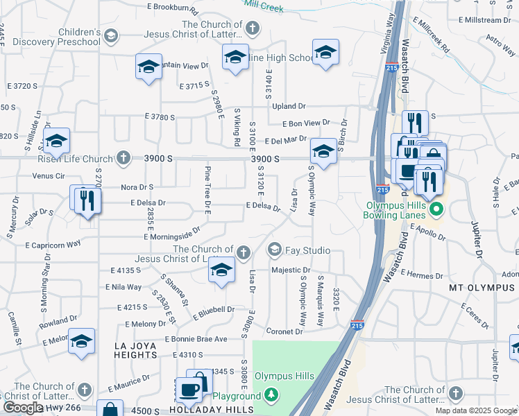 map of restaurants, bars, coffee shops, grocery stores, and more near 3116 East Delsa Drive in Salt Lake City