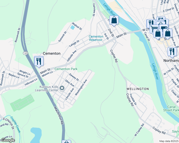 map of restaurants, bars, coffee shops, grocery stores, and more near 5001 Washington Avenue in Lehigh County