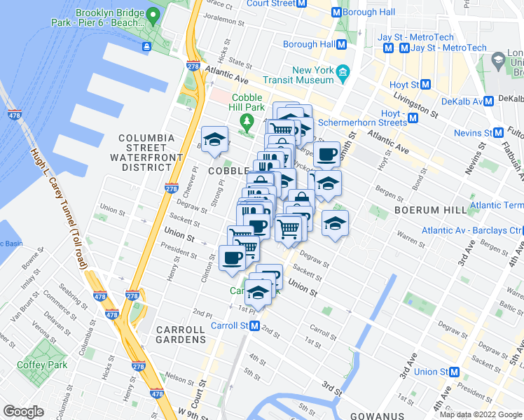 map of restaurants, bars, coffee shops, grocery stores, and more near 278 Court Street in Brooklyn