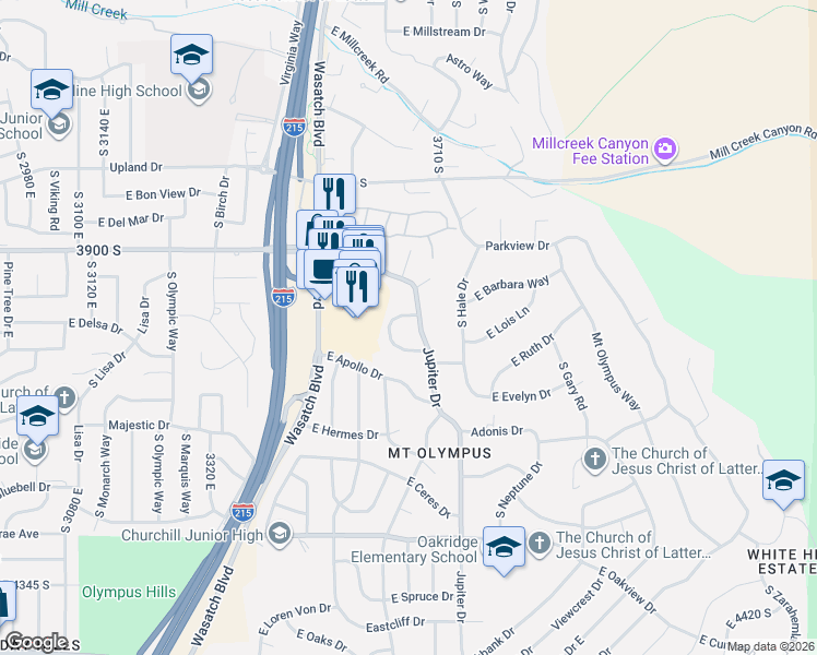 map of restaurants, bars, coffee shops, grocery stores, and more near 4012 Jupiter Drive in Salt Lake City