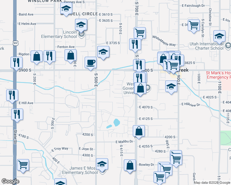 map of restaurants, bars, coffee shops, grocery stores, and more near 586 East 4010 South in Millcreek