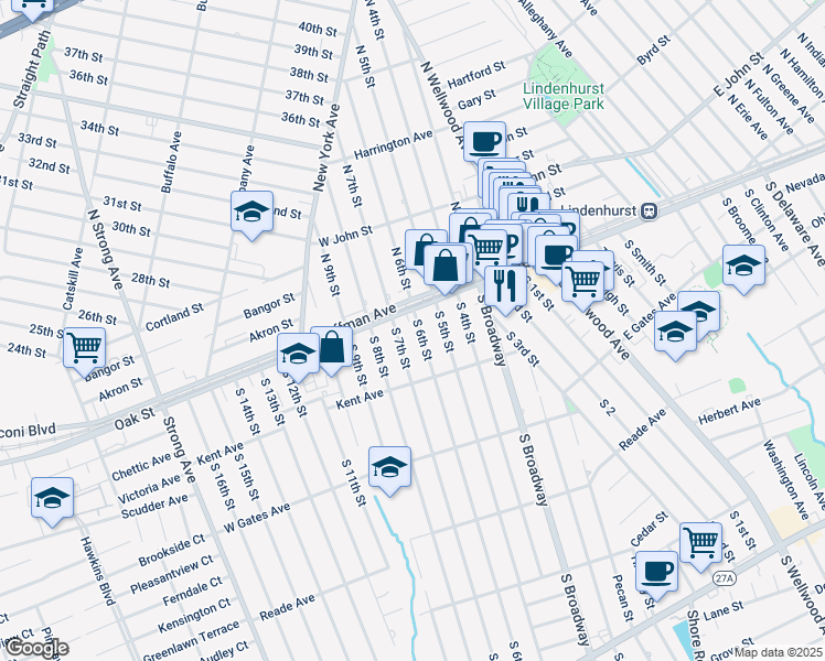 map of restaurants, bars, coffee shops, grocery stores, and more near 125 South 6th Street in Lindenhurst