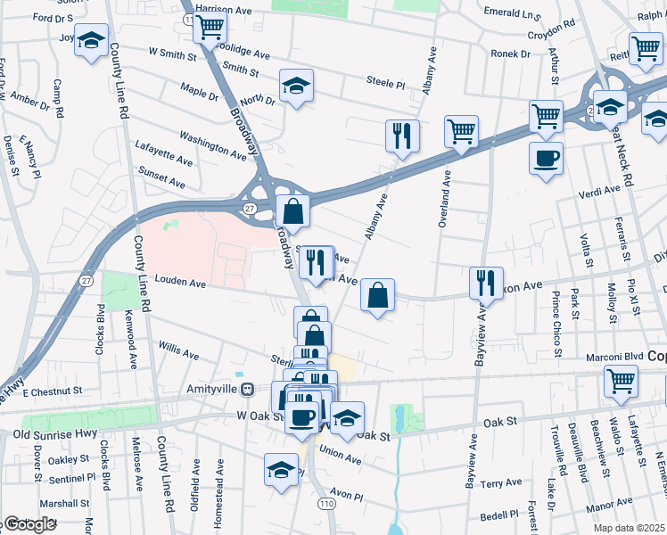 map of restaurants, bars, coffee shops, grocery stores, and more near 56 Dixon Avenue in Amityville