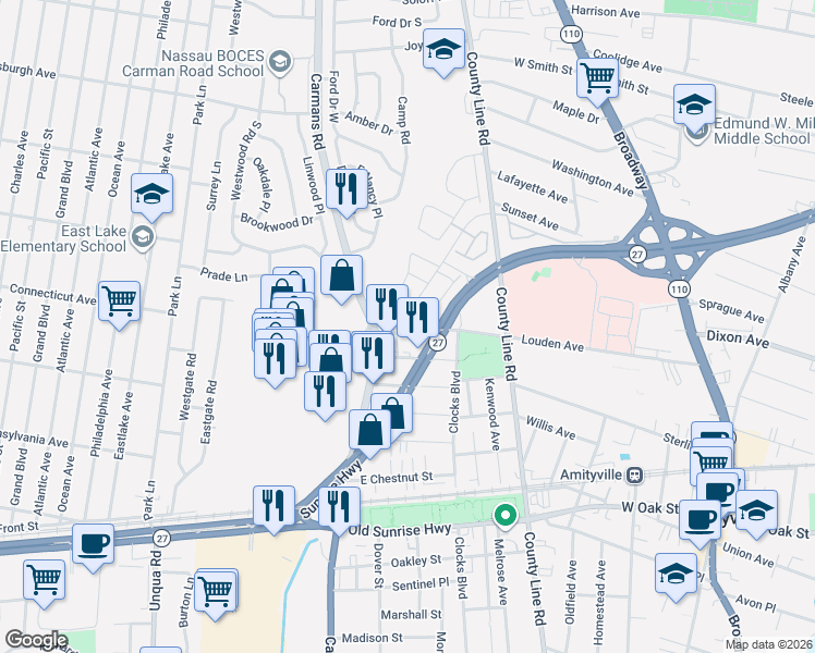 map of restaurants, bars, coffee shops, grocery stores, and more near 38 Southampton Drive in Massapequa