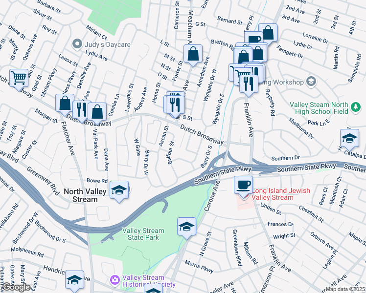 map of restaurants, bars, coffee shops, grocery stores, and more near 882 Warner Road in Valley Stream