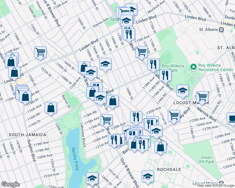 map of restaurants, bars, coffee shops, grocery stores, and more near 117-17 165th Street in Queens