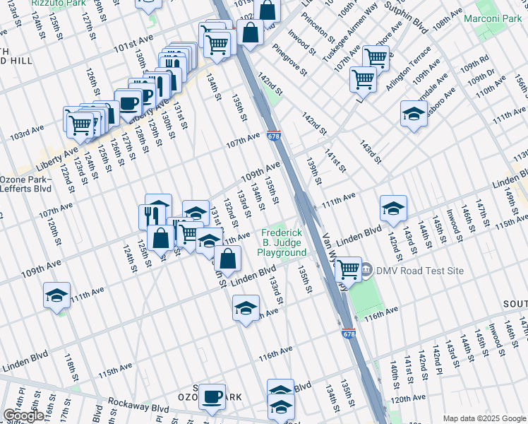 map of restaurants, bars, coffee shops, grocery stores, and more near 109-71 134th Street in Queens