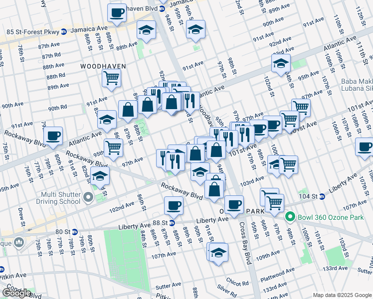 map of restaurants, bars, coffee shops, grocery stores, and more near 97-22 92nd Street in Queens