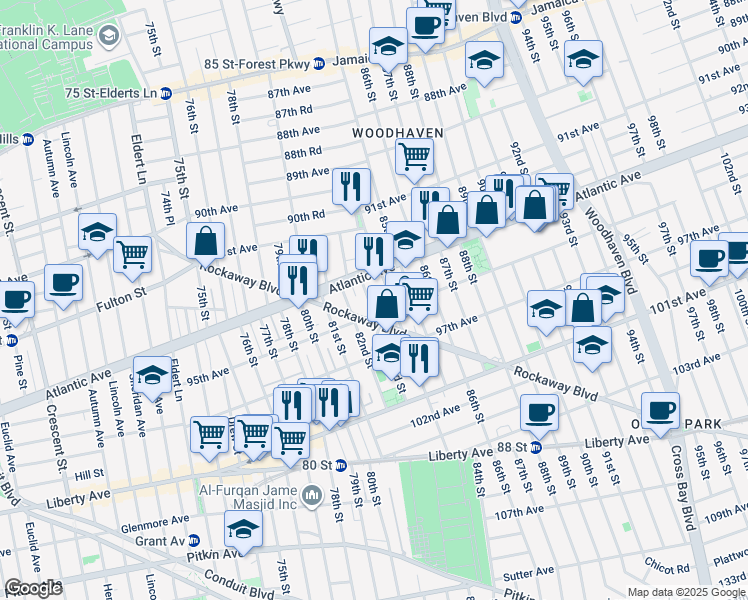 map of restaurants, bars, coffee shops, grocery stores, and more near 83-19 95th Avenue in Queens
