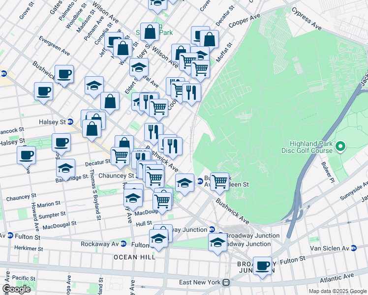 map of restaurants, bars, coffee shops, grocery stores, and more near 94 Pilling Street in Brooklyn