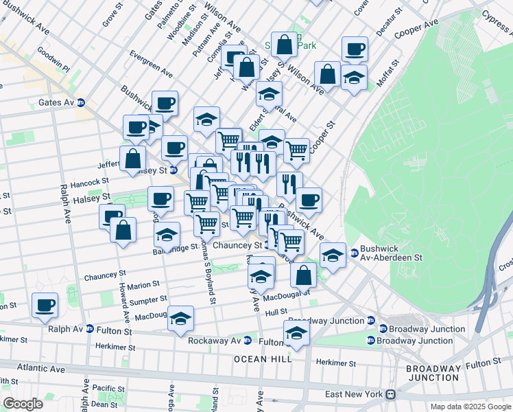 map of restaurants, bars, coffee shops, grocery stores, and more near 35 Cooper Street in Brooklyn