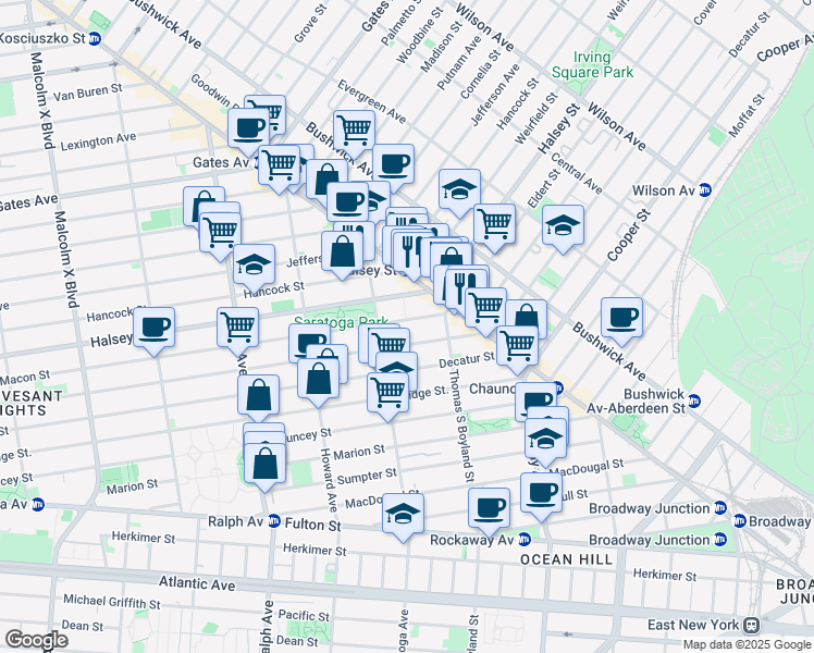 map of restaurants, bars, coffee shops, grocery stores, and more near 842 Macon Street in Brooklyn