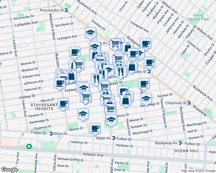 map of restaurants, bars, coffee shops, grocery stores, and more near 774 Halsey Street in Brooklyn