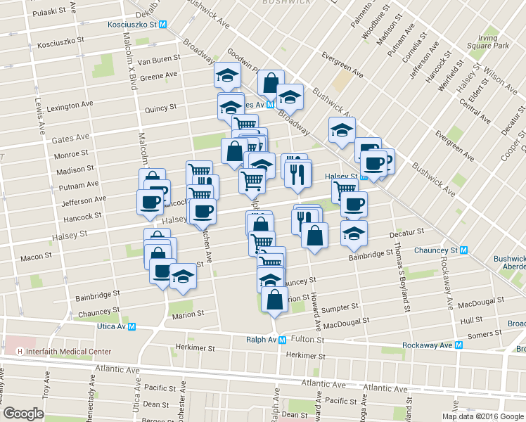 map of restaurants, bars, coffee shops, grocery stores, and more near 774 Halsey Street in Brooklyn
