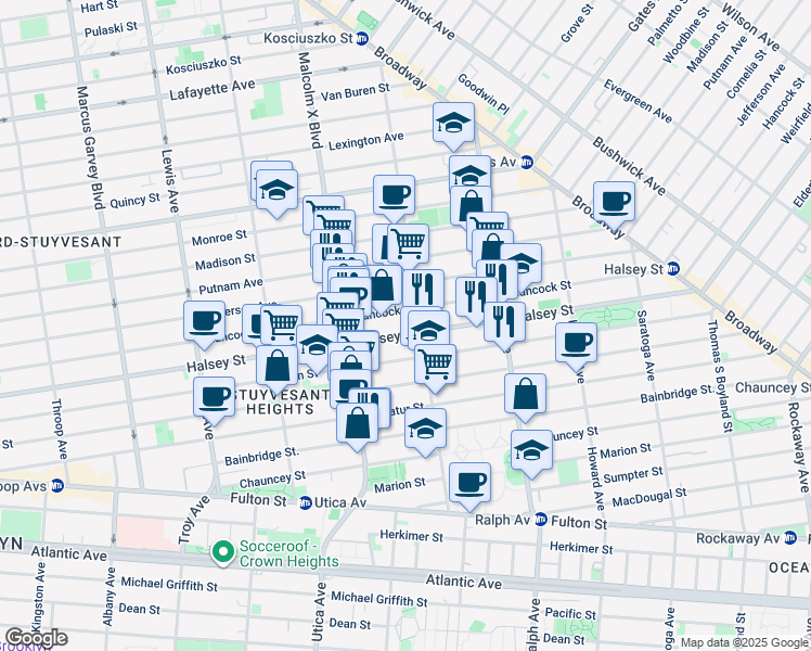 map of restaurants, bars, coffee shops, grocery stores, and more near 625 Halsey Street in Brooklyn