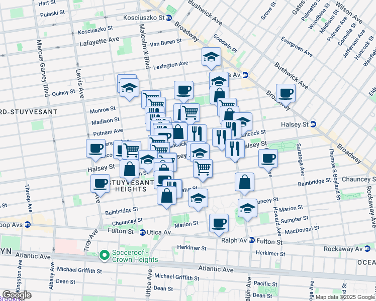 map of restaurants, bars, coffee shops, grocery stores, and more near 625 Halsey Street in Brooklyn