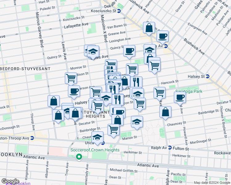 map of restaurants, bars, coffee shops, grocery stores, and more near 668 Hancock Street in Brooklyn