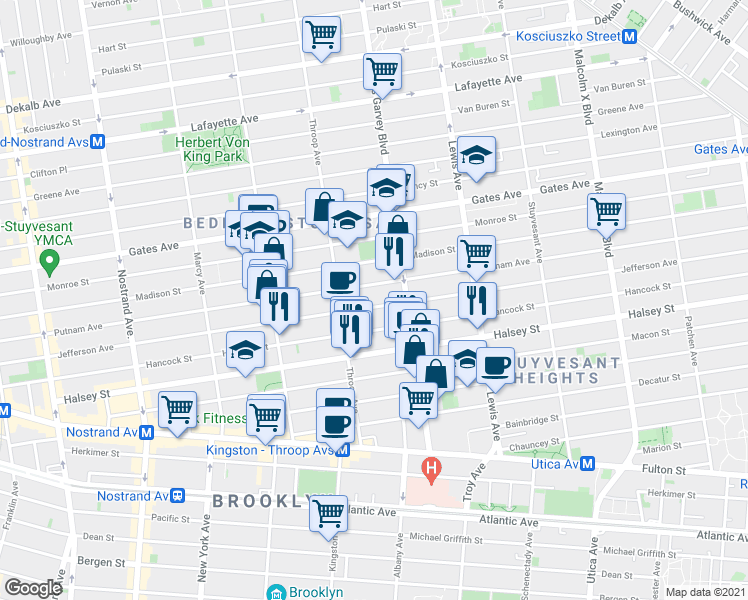 map of restaurants, bars, coffee shops, grocery stores, and more near 465 Jefferson Avenue in Brooklyn