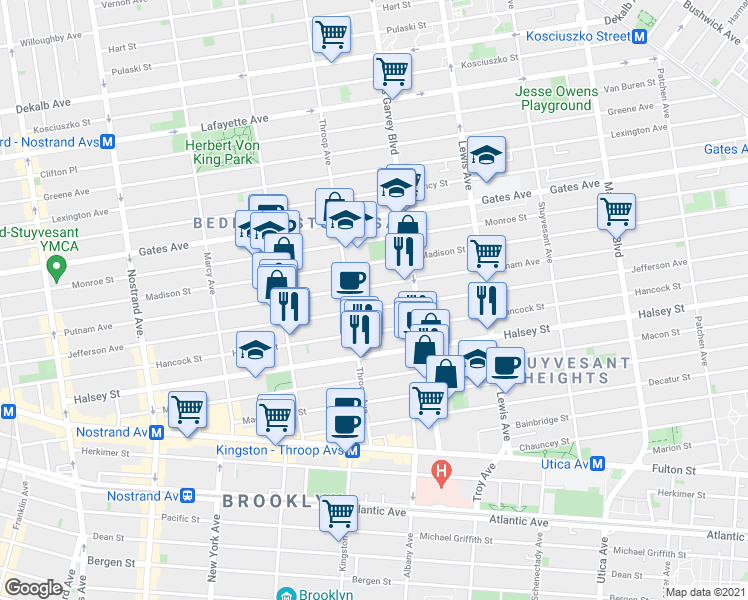 map of restaurants, bars, coffee shops, grocery stores, and more near 465 Jefferson Avenue in Brooklyn