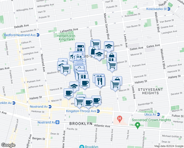 map of restaurants, bars, coffee shops, grocery stores, and more near 385 Jefferson Avenue in Brooklyn