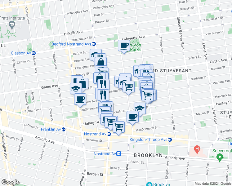 map of restaurants, bars, coffee shops, grocery stores, and more near 832 Marcy Avenue in Brooklyn