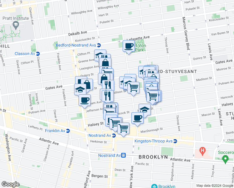 map of restaurants, bars, coffee shops, grocery stores, and more near 832 Marcy Avenue in Brooklyn