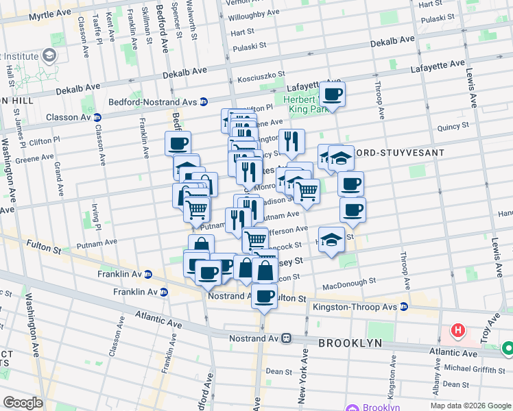 map of restaurants, bars, coffee shops, grocery stores, and more near 224 Madison Street in Brooklyn
