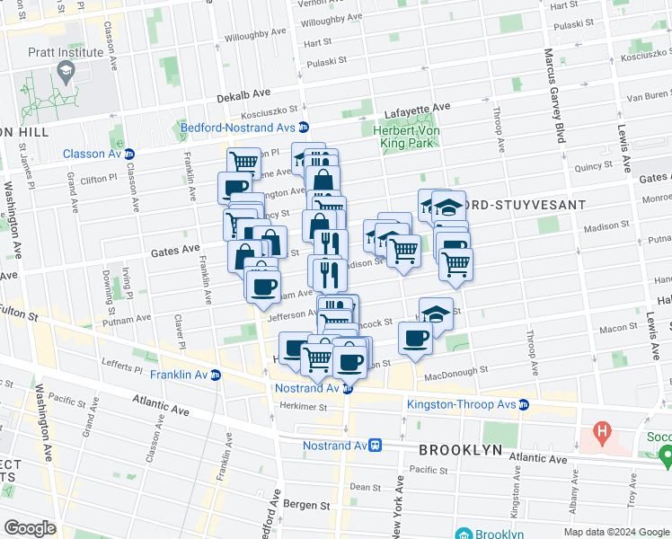 map of restaurants, bars, coffee shops, grocery stores, and more near 224 Madison Street in Brooklyn