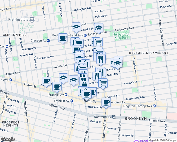 map of restaurants, bars, coffee shops, grocery stores, and more near 149 Madison Street in Brooklyn