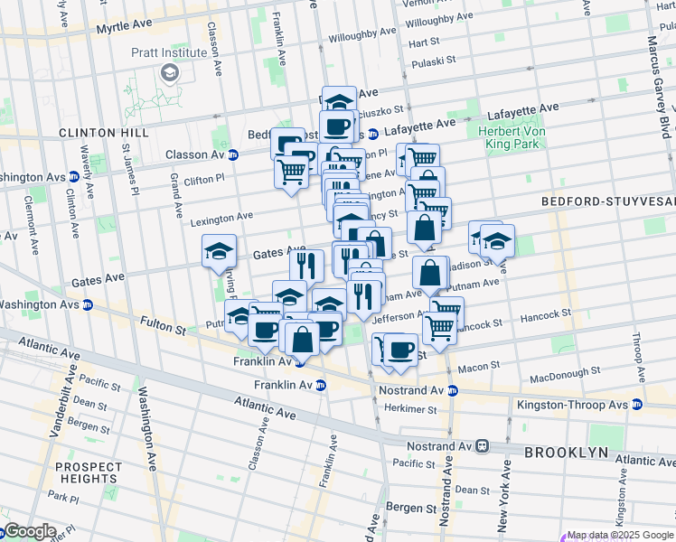 map of restaurants, bars, coffee shops, grocery stores, and more near 1160 Bedford Avenue in Brooklyn