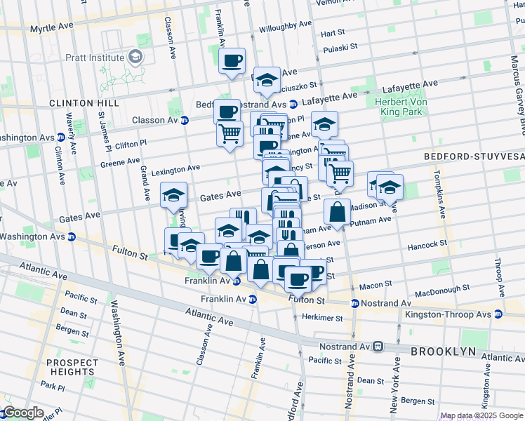 map of restaurants, bars, coffee shops, grocery stores, and more near 1160 Bedford Avenue in Brooklyn