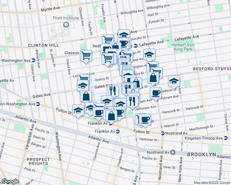map of restaurants, bars, coffee shops, grocery stores, and more near 421 Franklin Avenue in Brooklyn