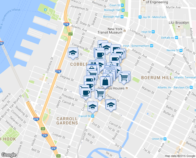 map of restaurants, bars, coffee shops, grocery stores, and more near 36 Butler Street in Brooklyn