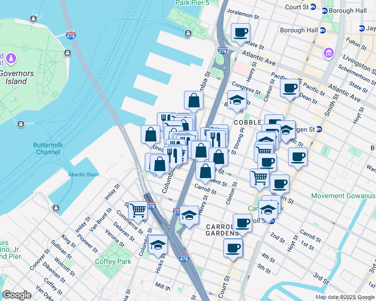 map of restaurants, bars, coffee shops, grocery stores, and more near 221 Columbia Street in Brooklyn
