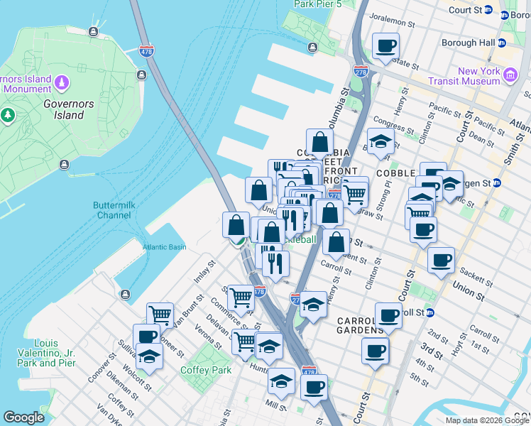 map of restaurants, bars, coffee shops, grocery stores, and more near 29 President Street in Brooklyn
