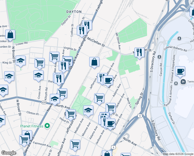 map of restaurants, bars, coffee shops, grocery stores, and more near 1012 Madison Avenue in Elizabeth