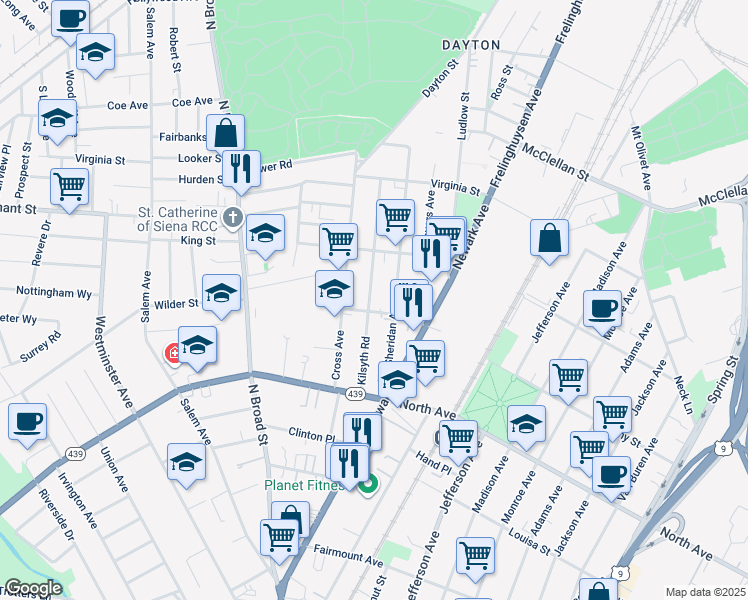 map of restaurants, bars, coffee shops, grocery stores, and more near 900 Kilsyth Road in Elizabeth
