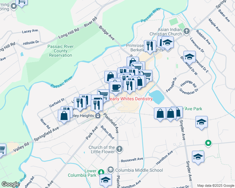 map of restaurants, bars, coffee shops, grocery stores, and more near 465 Springfield Avenue in Berkeley Heights