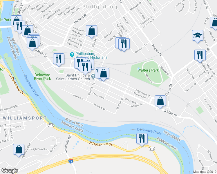 map of restaurants, bars, coffee shops, grocery stores, and more near 81 Jefferson Street in Phillipsburg