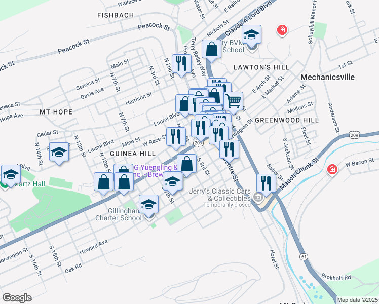map of restaurants, bars, coffee shops, grocery stores, and more near 318 West Norwegian Street in Pottsville